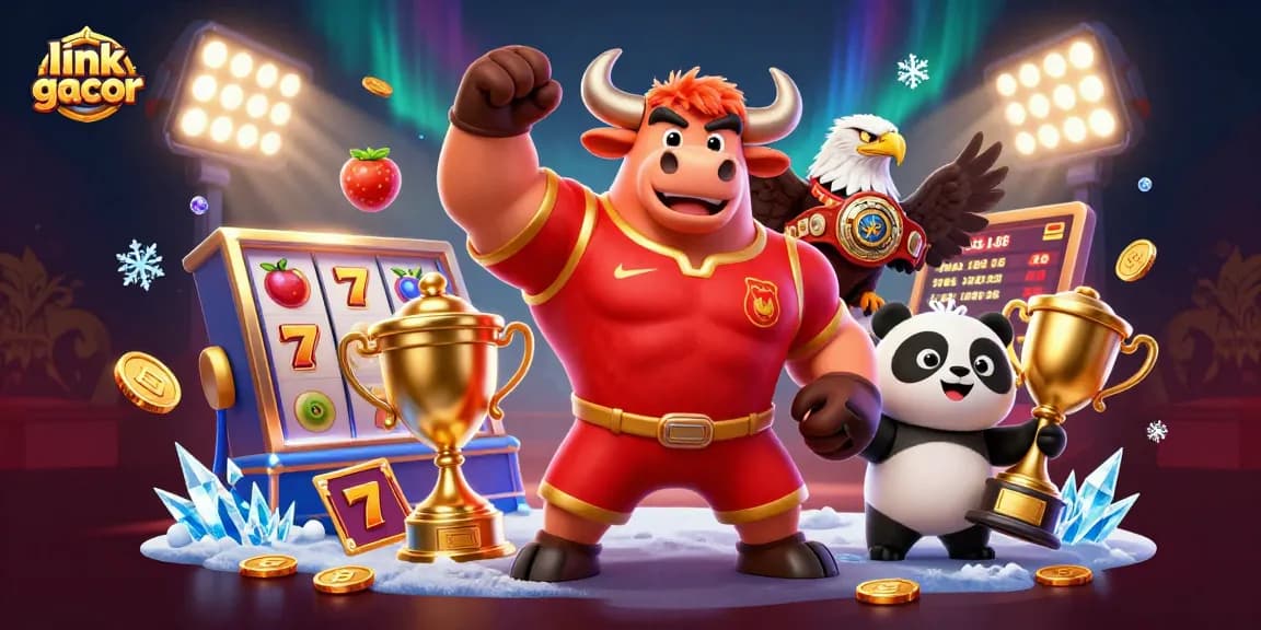 Experience big wins with link gacor illustrated scene featuring a cartoon bull, eagle, and panda in a rich casino atmosphere.
