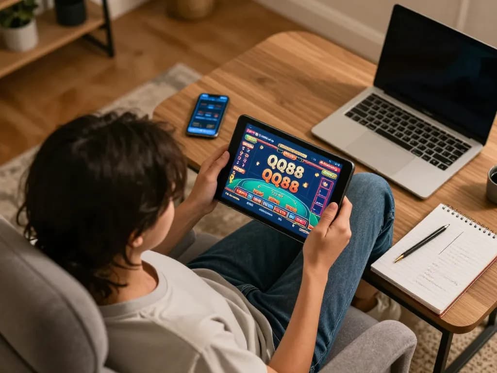 Player engaged with QQ88 on a tablet during a cozy home gaming session, highlighting responsible gambling practices.