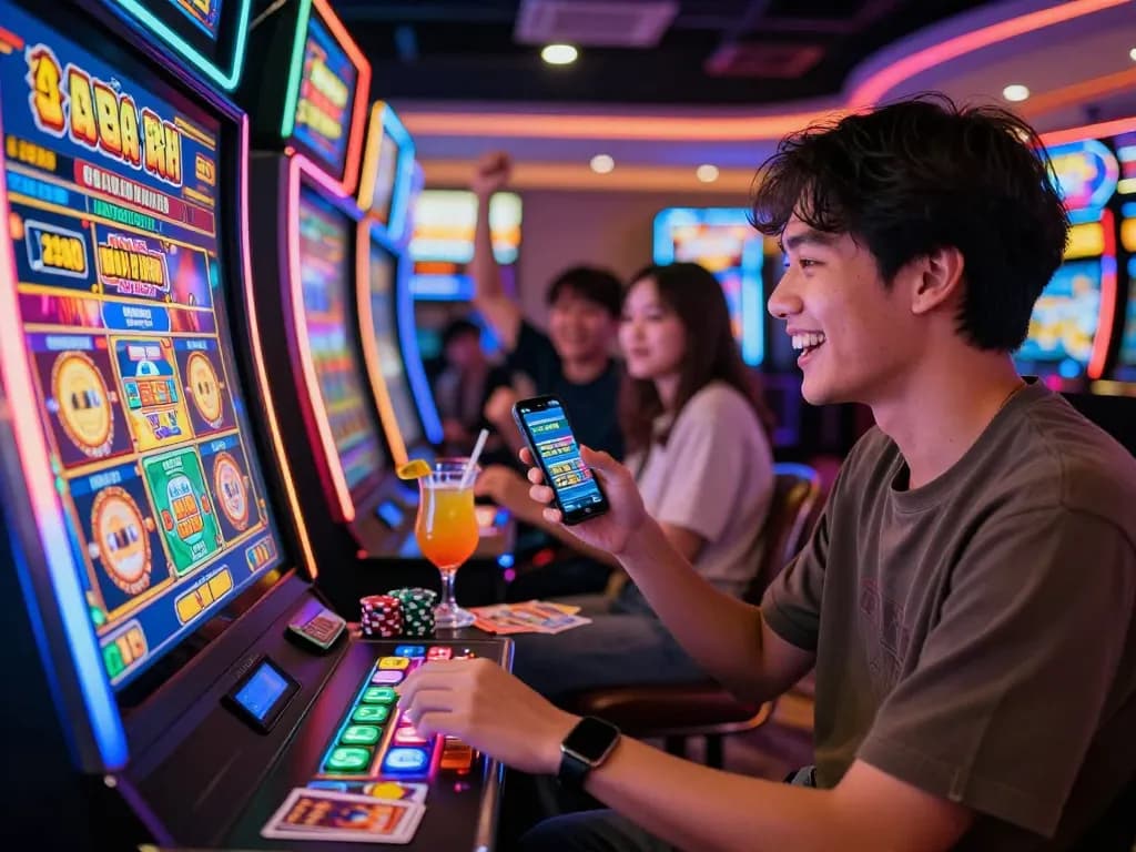 Pemain menikmati slot gacor hari ini di mesin kasino yang berwarna-warni dengan semangat bermain.