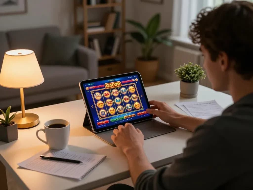 Engaging with a slot gacor game on a tablet in a cozy home setting, showcasing strategic gameplay elements.