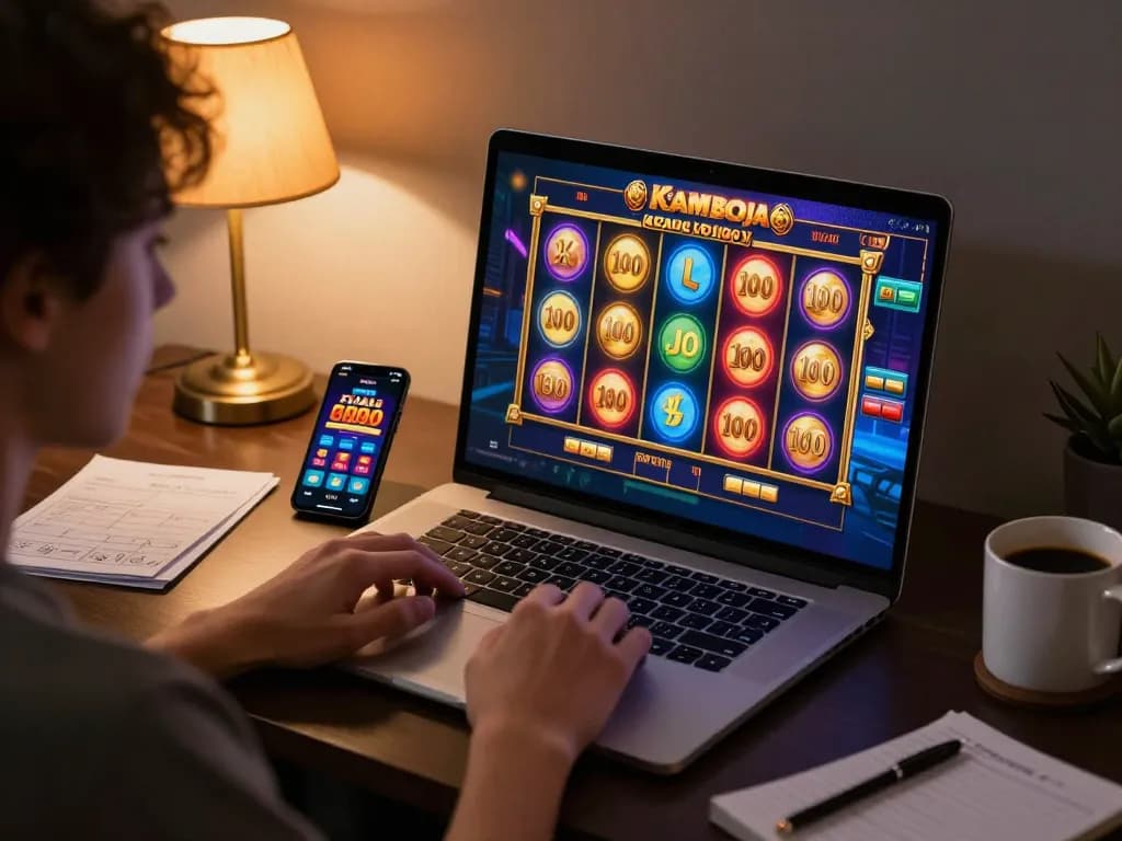 Engaging gameplay on slot kamboja bet 100 revealed on a laptop's screen during a cozy online gaming session
