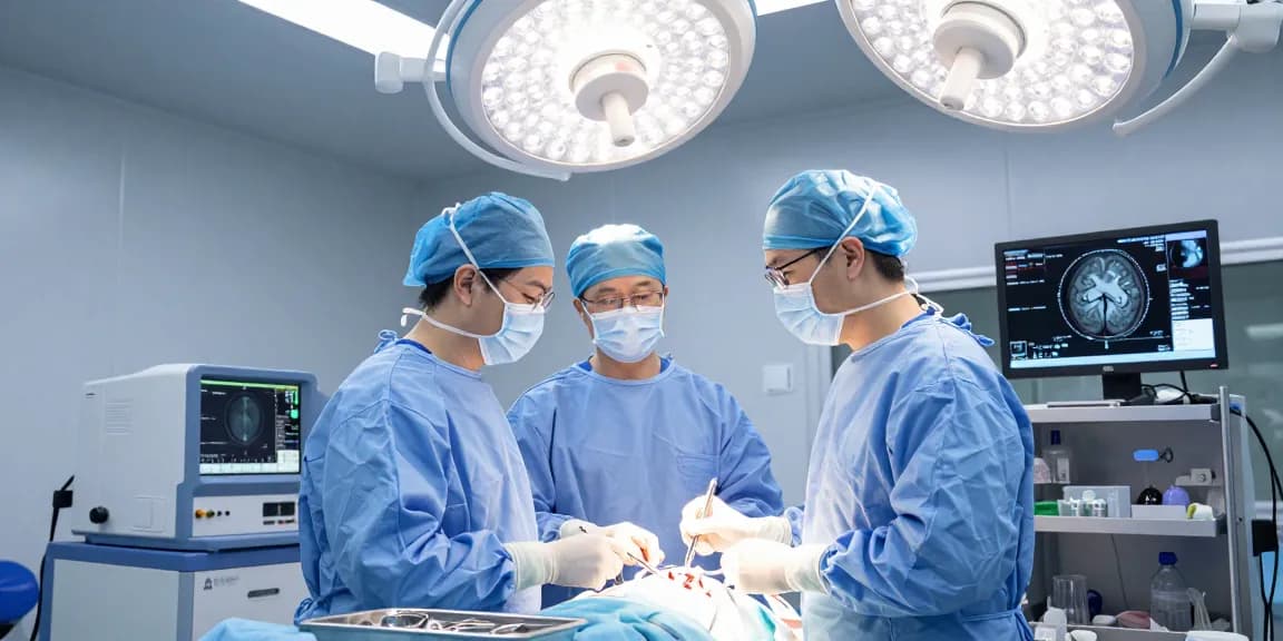 Detailed scene of brain tumor surgery, showcasing professionals ensuring safety and precision in beyin tümörü ameliyatı.