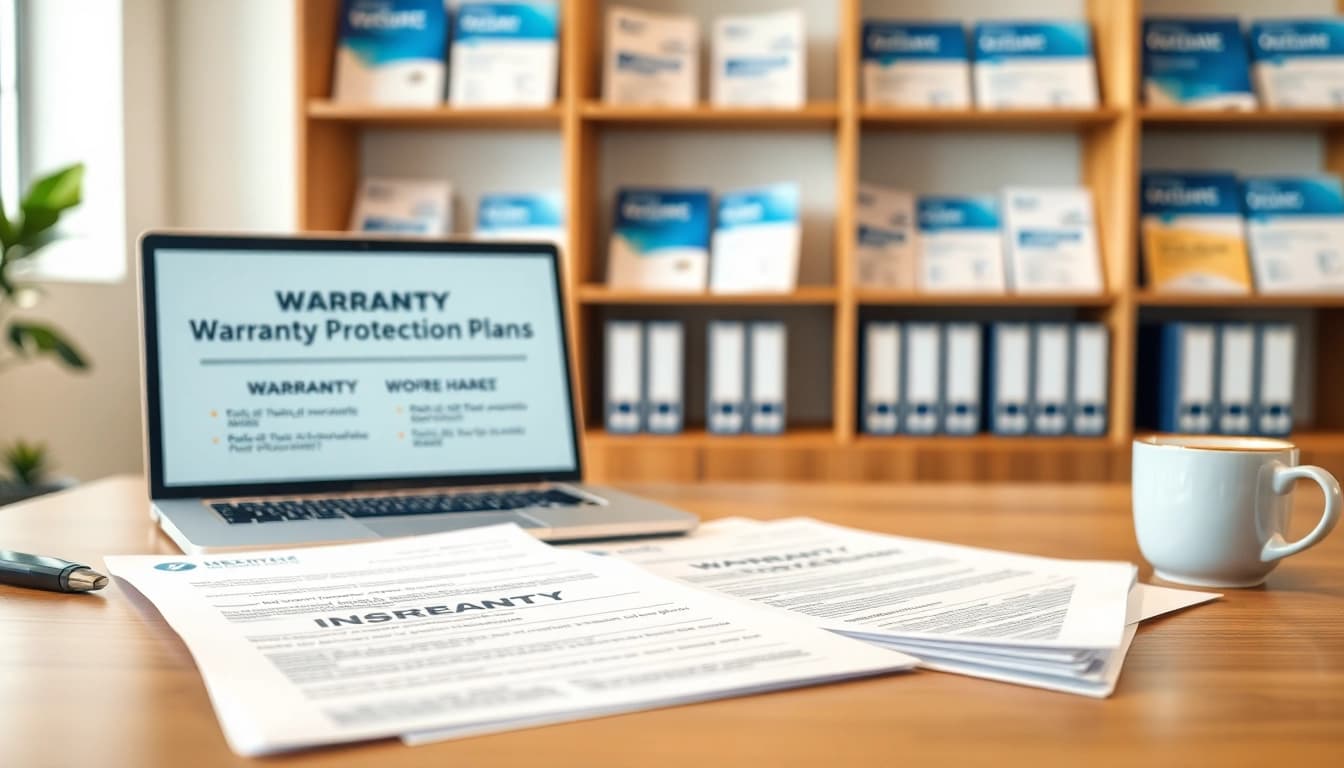 Examine warranty protection plans documentation on a professional desk setup.