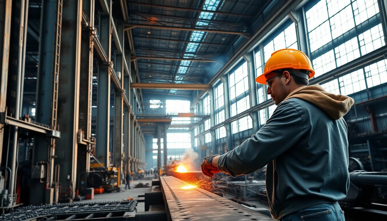 Rendering of a modern steel mill with workers and machinery actively producing steel.