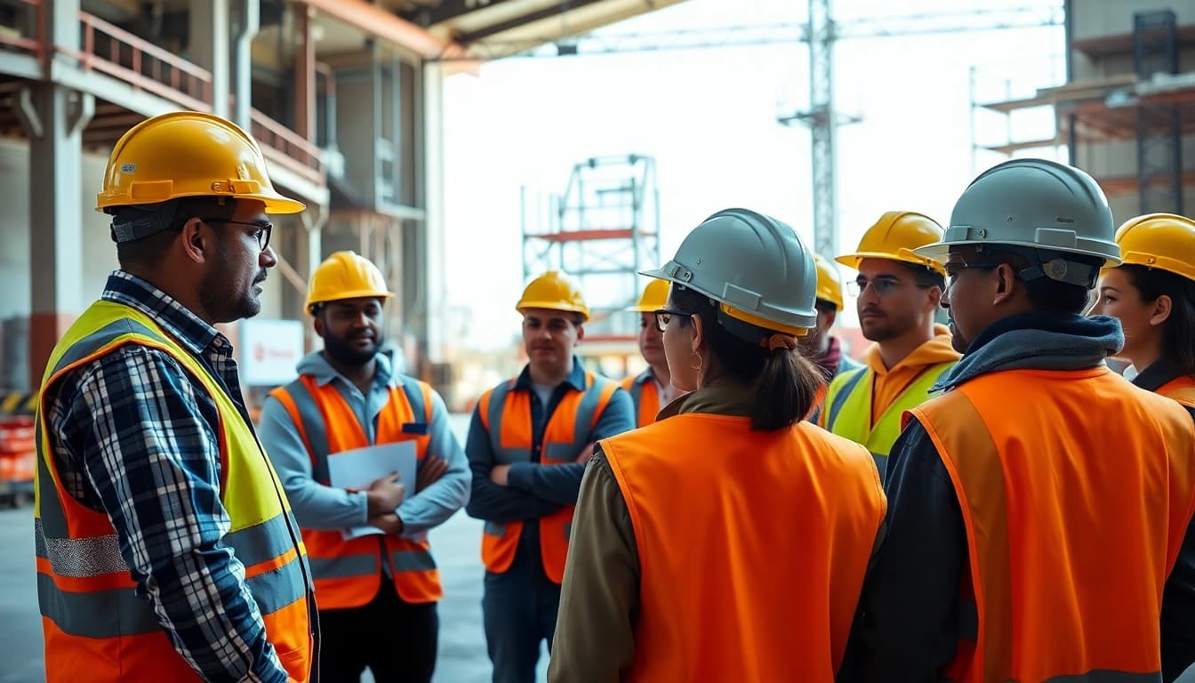Implementing Construction site safety training with workers learning on-site in a safe environment.