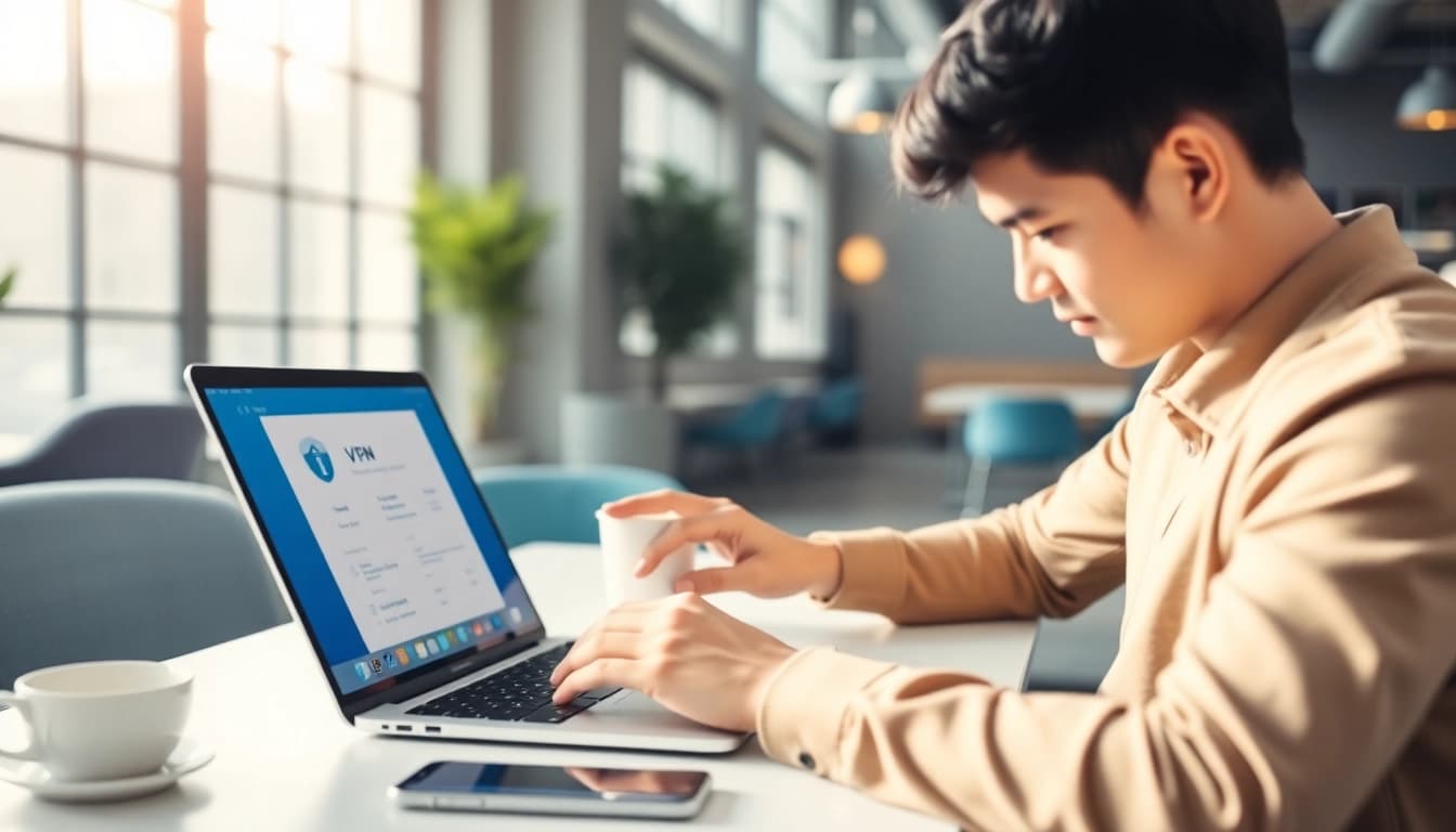 在明亮的协作空间中，一位年轻专业人士正在使用快连 VPN，展现无缝连接。