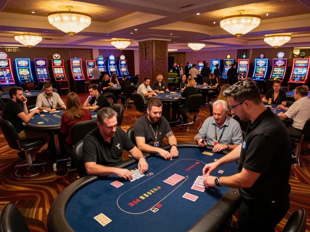 Experience the vibrant atmosphere of TG88 Casino with players engaged at poker tables and stunning decor