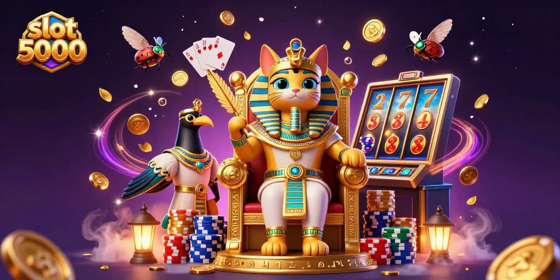 Experience slot 5000 with a vibrant scene of cartoon pharaoh cat, treasure, and thrilling slot reels.