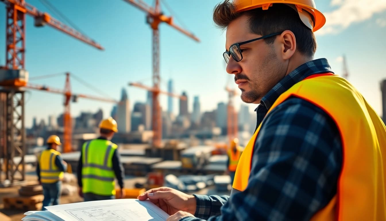 New York Construction Manager directing a construction site with blueprints in hand amid a bustling city environment.