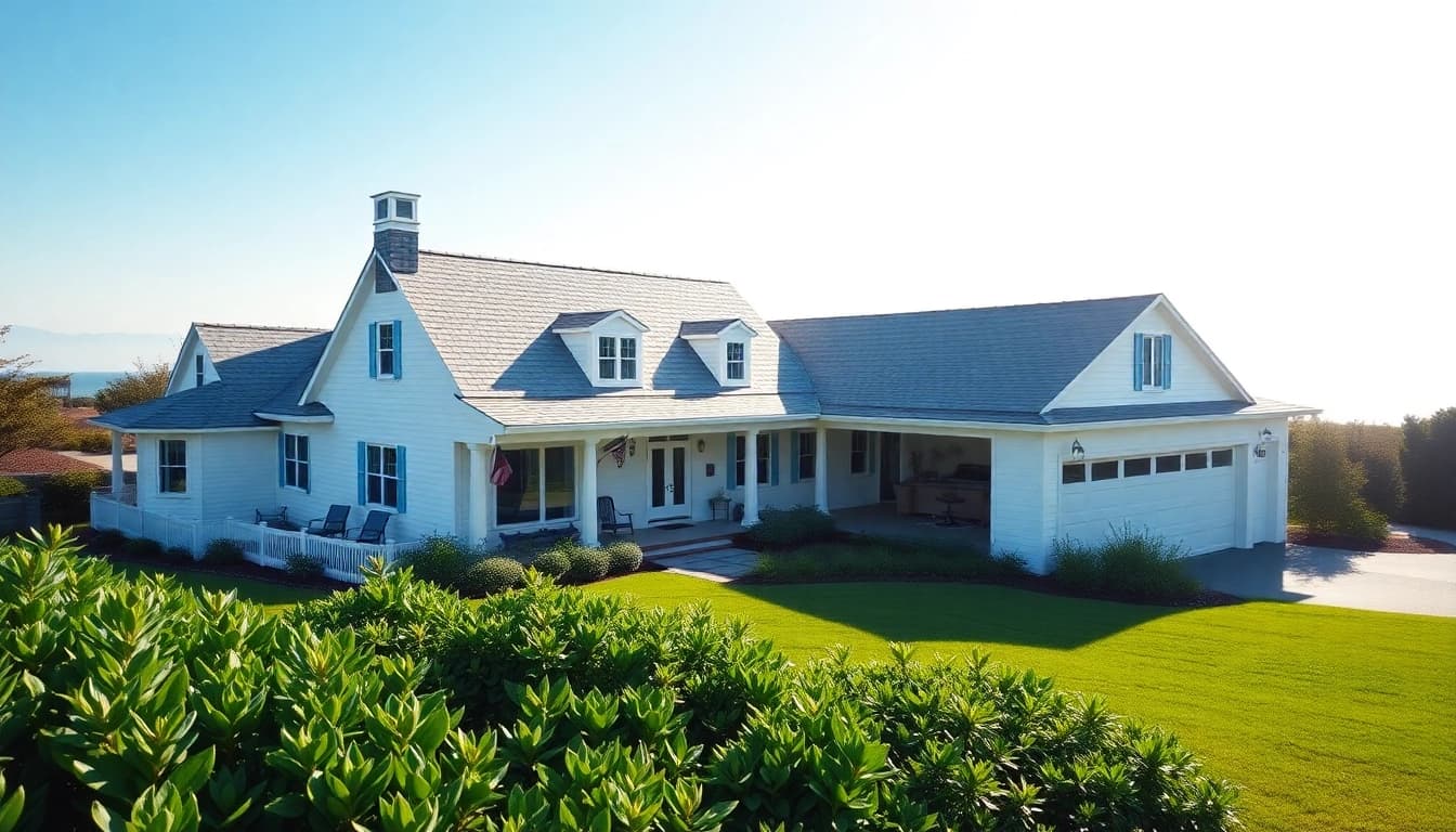 Explore the architectural beauty of a Cape Cod home with attached garage in a coastal setting.