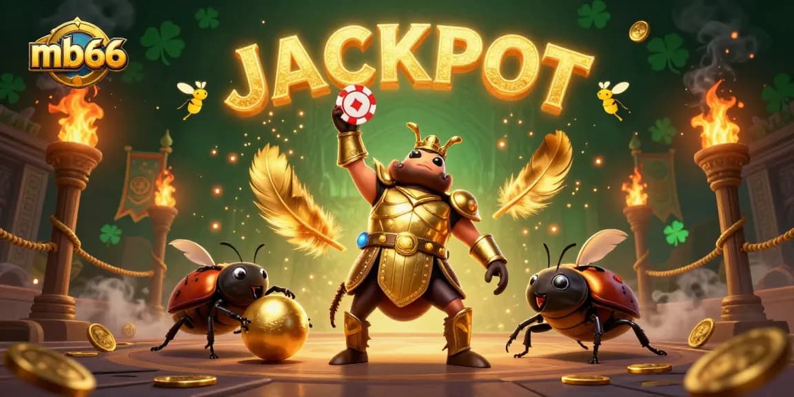 Experience the thrill of mb66 as a heroic beetle lifts a poker chip in a vibrant casino showdown.