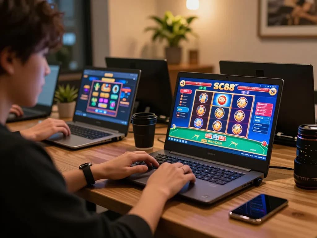 Player engaging in SC88 online casino gaming at home with laptop and strategy notes.
