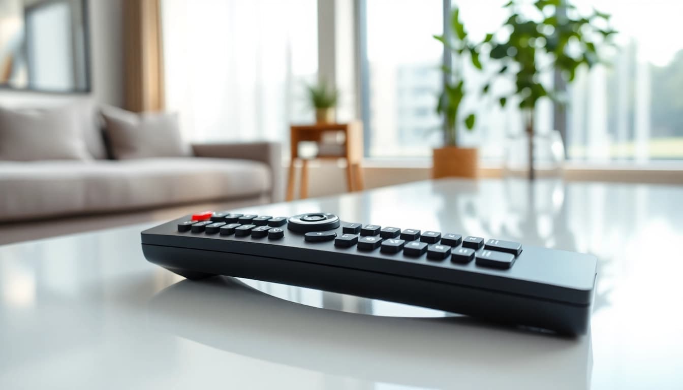 Steuere dein TV mit der Original Fernbedienung Panasonic in einem modernen Wohnzimmer.