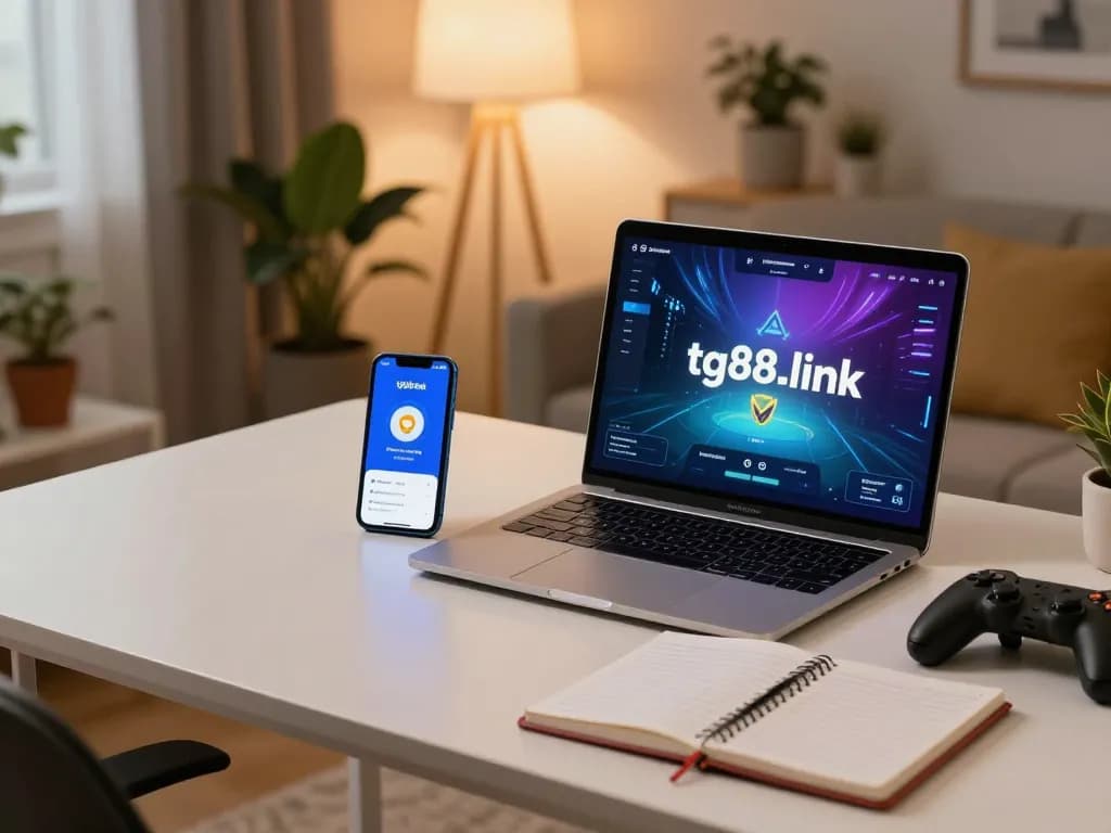 Engaging in online gaming on tg88-link with smartphone and laptop in stylish setup