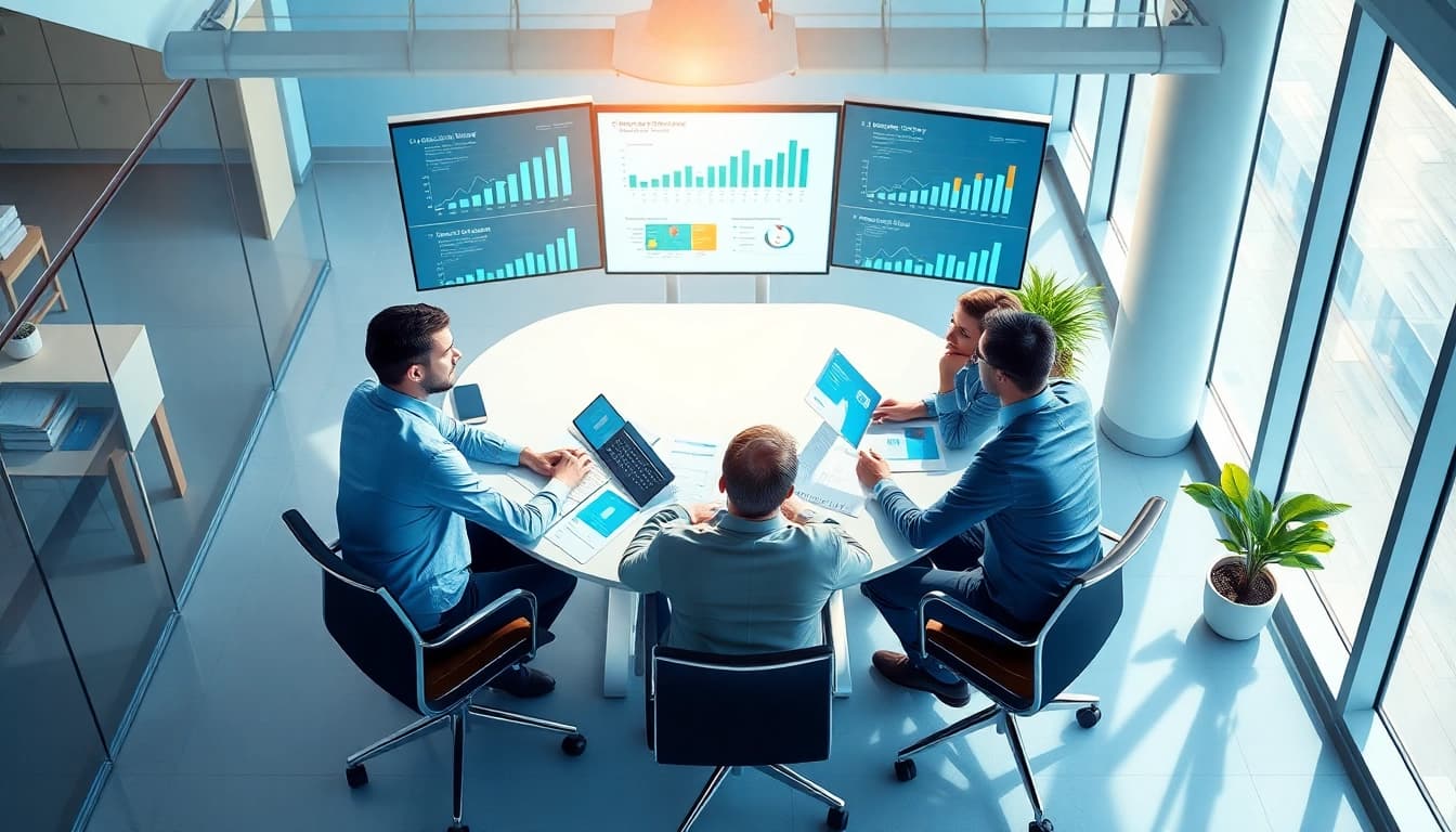 Team collaborating on competitive intelligence strategies with charts in a vibrant office.