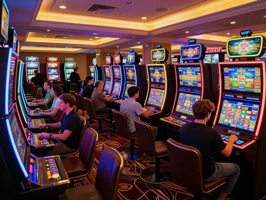 Engaging moment of players using the online casino app for đăng nhập 789win on colorful slot machines, excitement palpable.