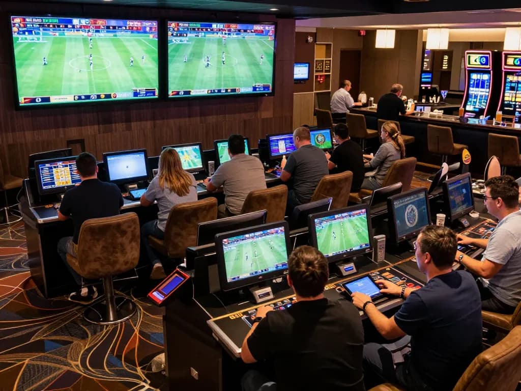 Action-packed scene of a sports betting lounge where fans engage in tin soi kèo and place their bets on live matches.