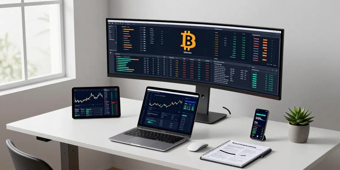 Bitcoin mining service statistics displayed on monitors in modern crypto trading workspace with secure wallet and analysis tools.