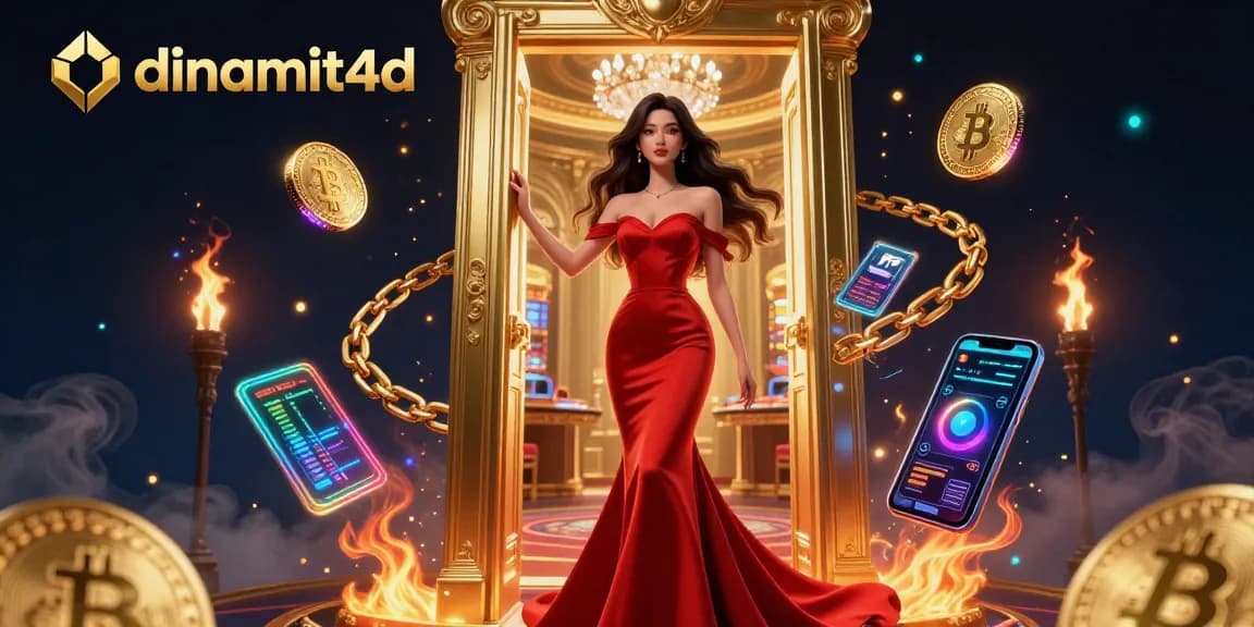 Spin your luck with dinamit4d, where a glamorous Asian woman awaits in a vibrant casino doorway.