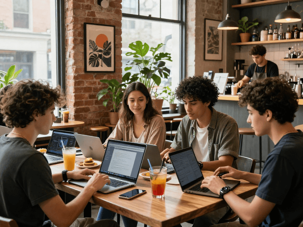 Engaging urban café scene showcasing young adults exploring 18+ ai technology while enjoying vibrant beverages and a warm atmosphere.