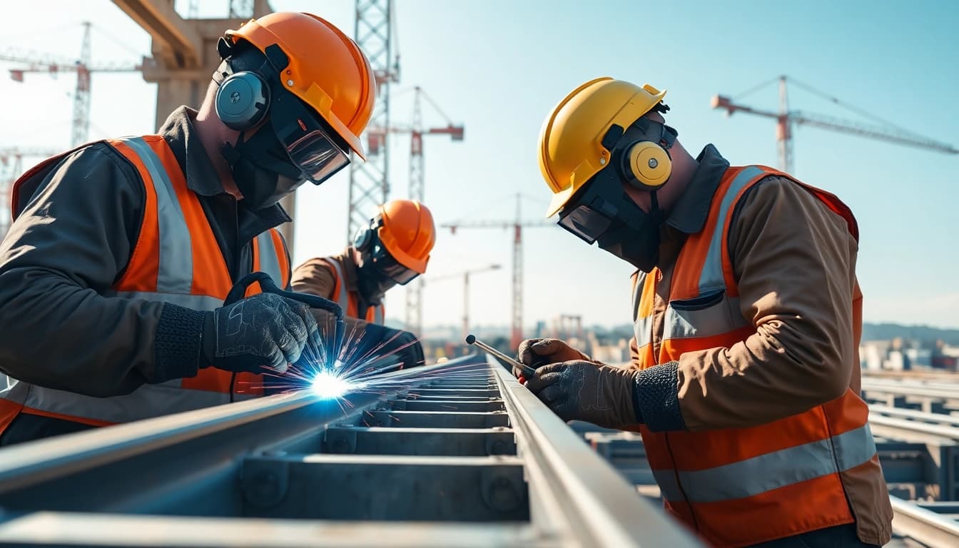 Workers conducting structural steel welding on a construction site with beams and cranes.