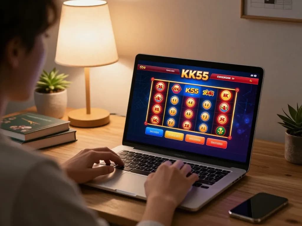 Engaging gameplay on KK55 online casino app from a stylish home workspace, showcasing personal touches.