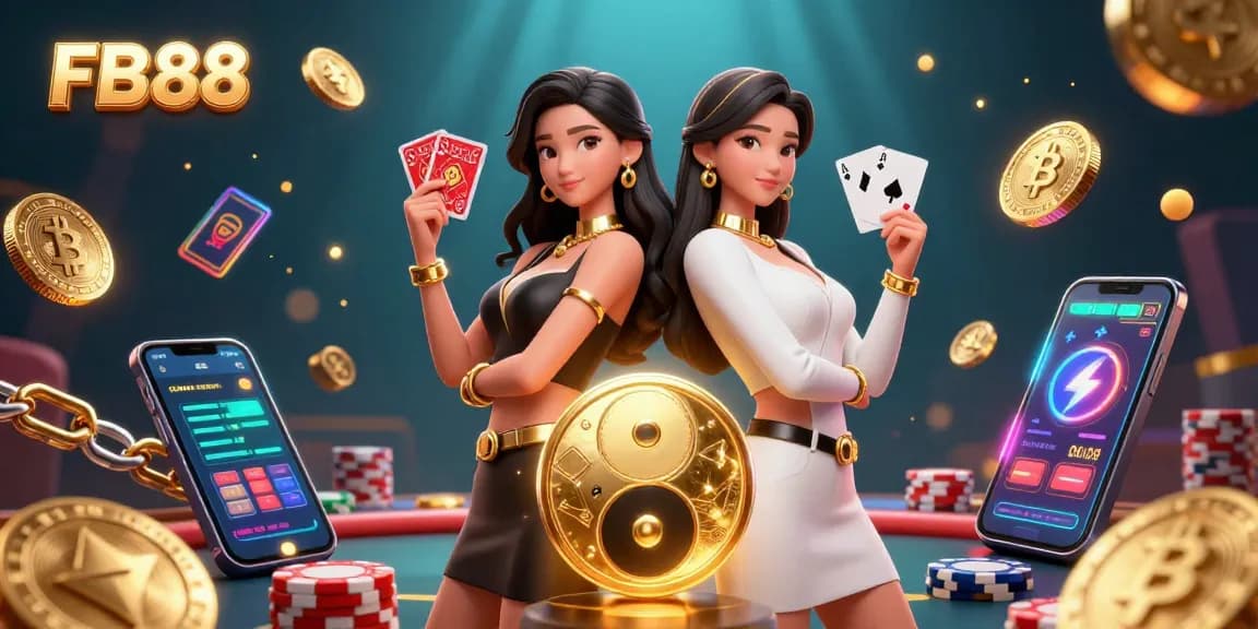 FB88 showcases twin Asian women in a casino setting, revealing winning playing cards and golden elements.