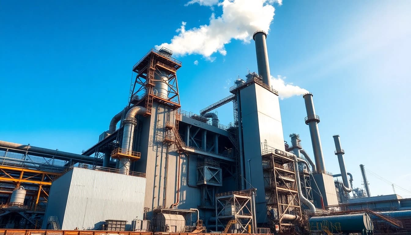 Visualize a modern steel mill highlighting advanced production processes and towering structures.