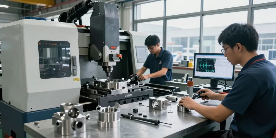 Machinists crafting custom stainless steel parts in a modern industrial workshop.