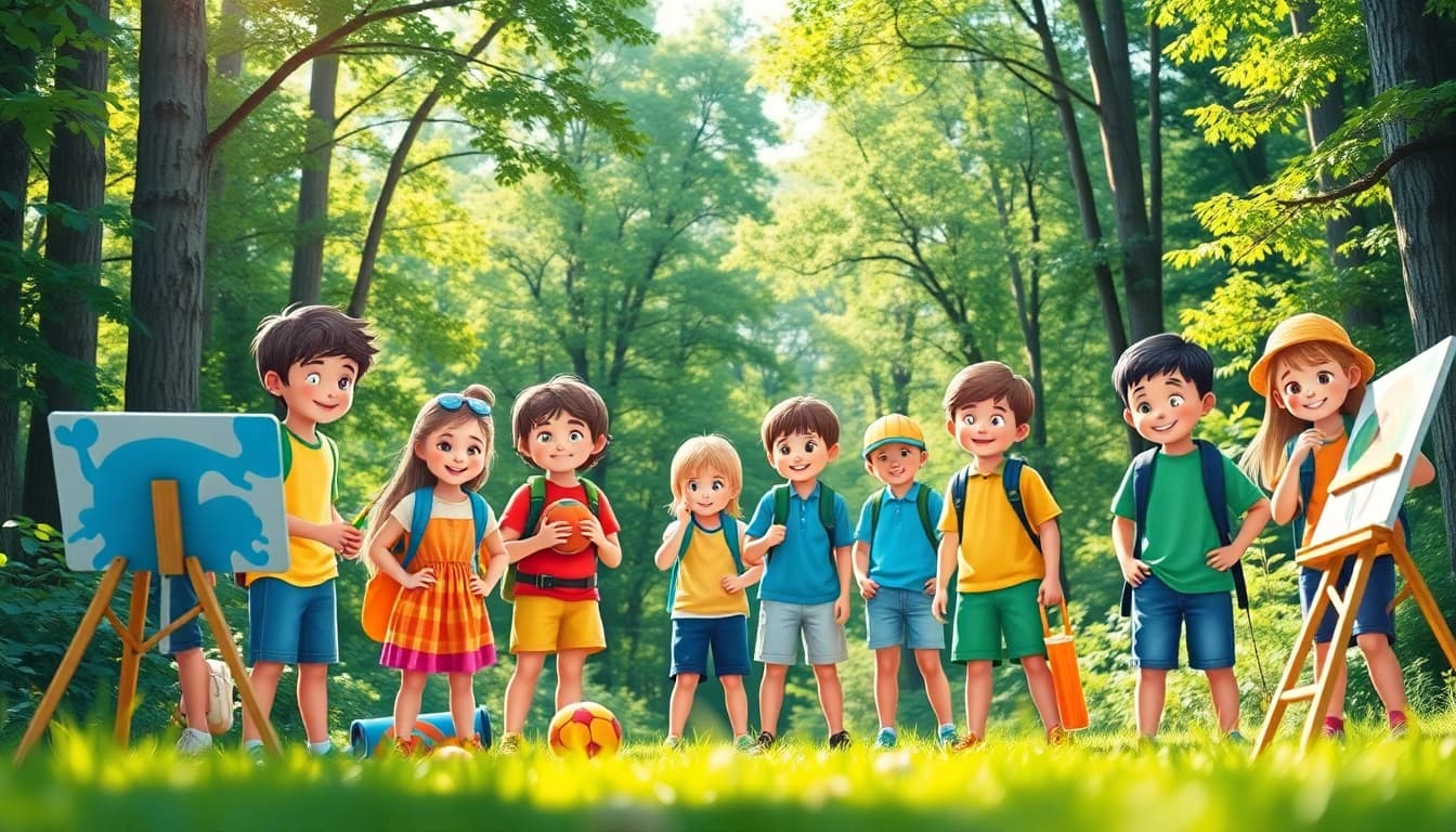 Children enjoying activities at summer kids camp in a vibrant outdoor setting.