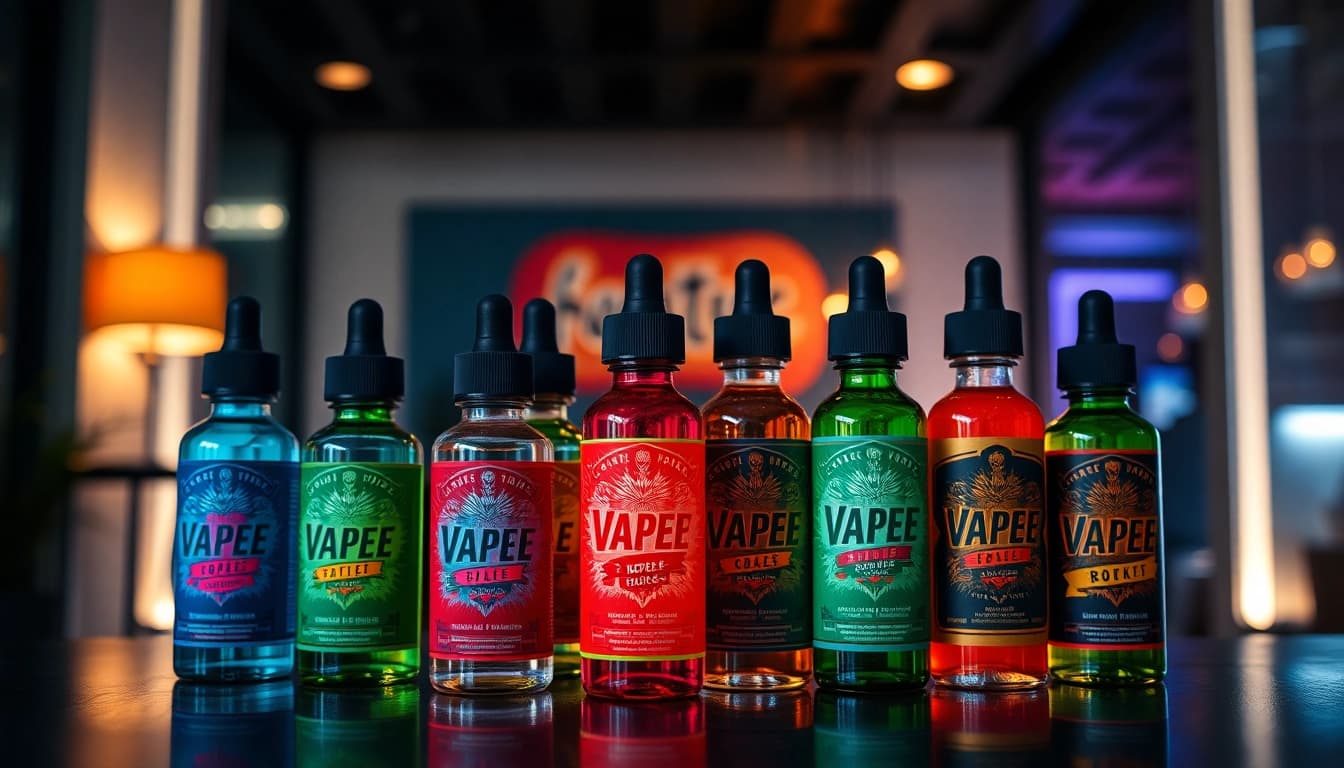 Showcase vibrant vape juice bottles in a modern setting with colorful labels.