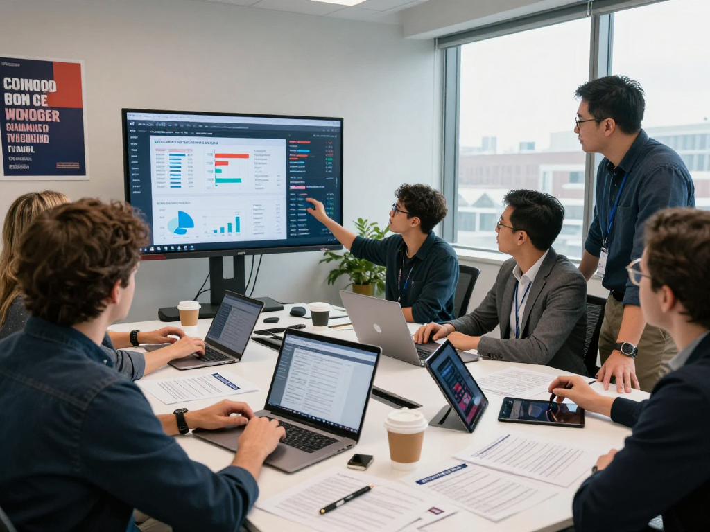 Strategists collaborating on TV ad buying for campaigns in a vibrant workspace.