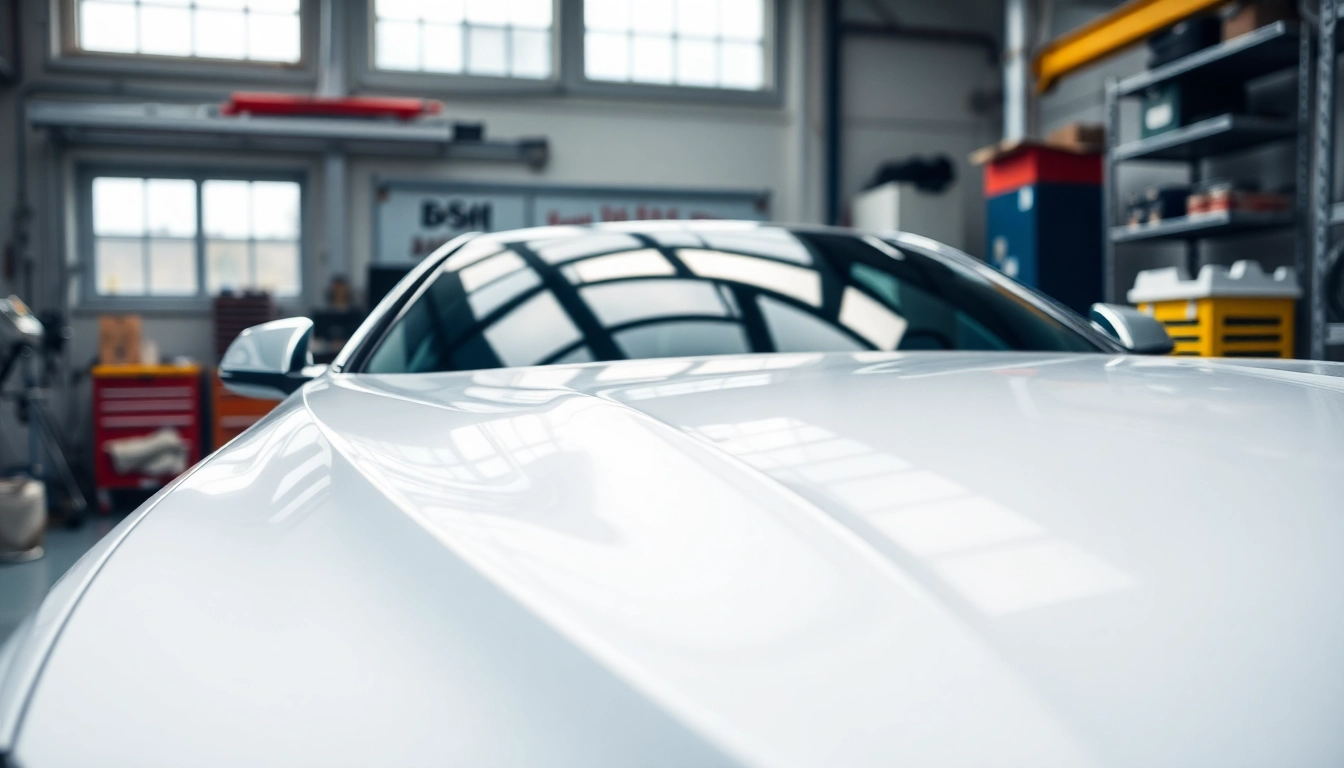 Apply paint protection film near me on a car, highlighting quality craftsmanship in a bright workshop.