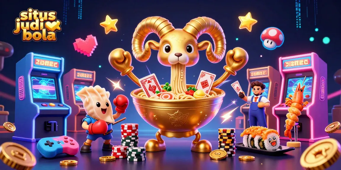 situs judi bola showcases vibrant gaming elements with a giant ramen bowl dealer in a festive casino scene