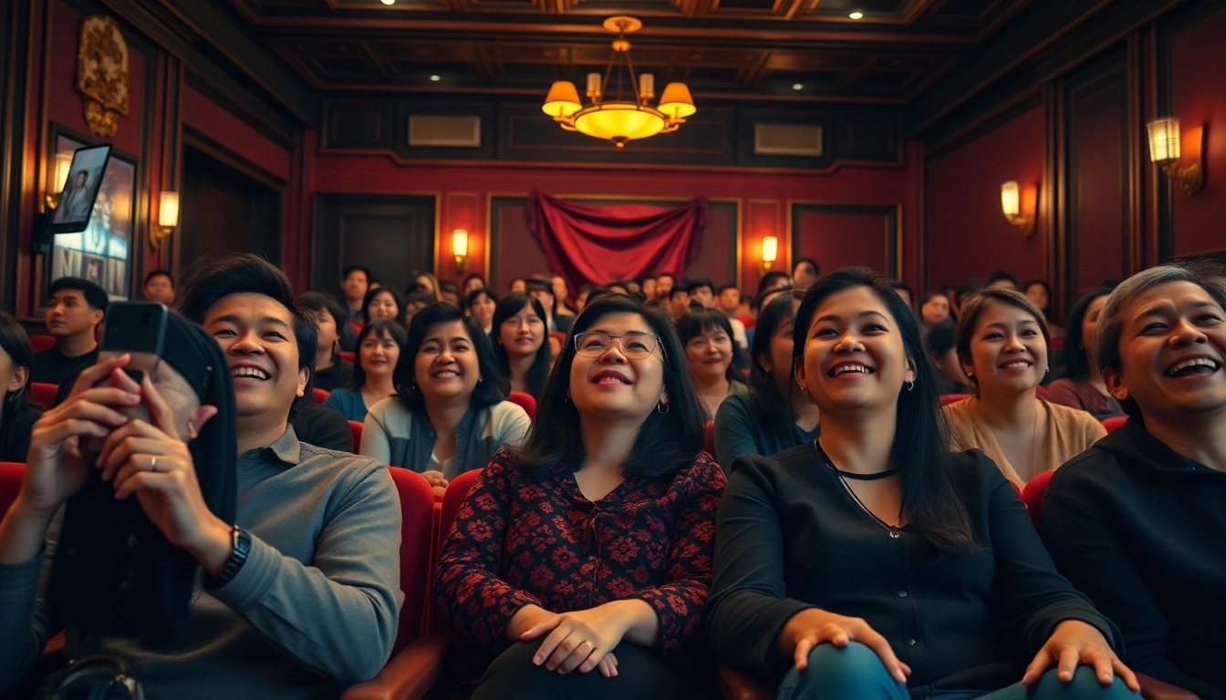 Engaged viewers experiencing หนังออนไลน์ in a warm, vintage theater atmosphere.