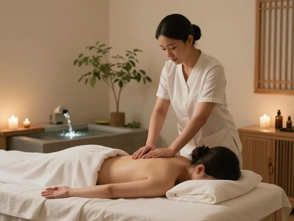 Client enjoying 치평동마사지 in a serene spa setting with relaxing ambiance.