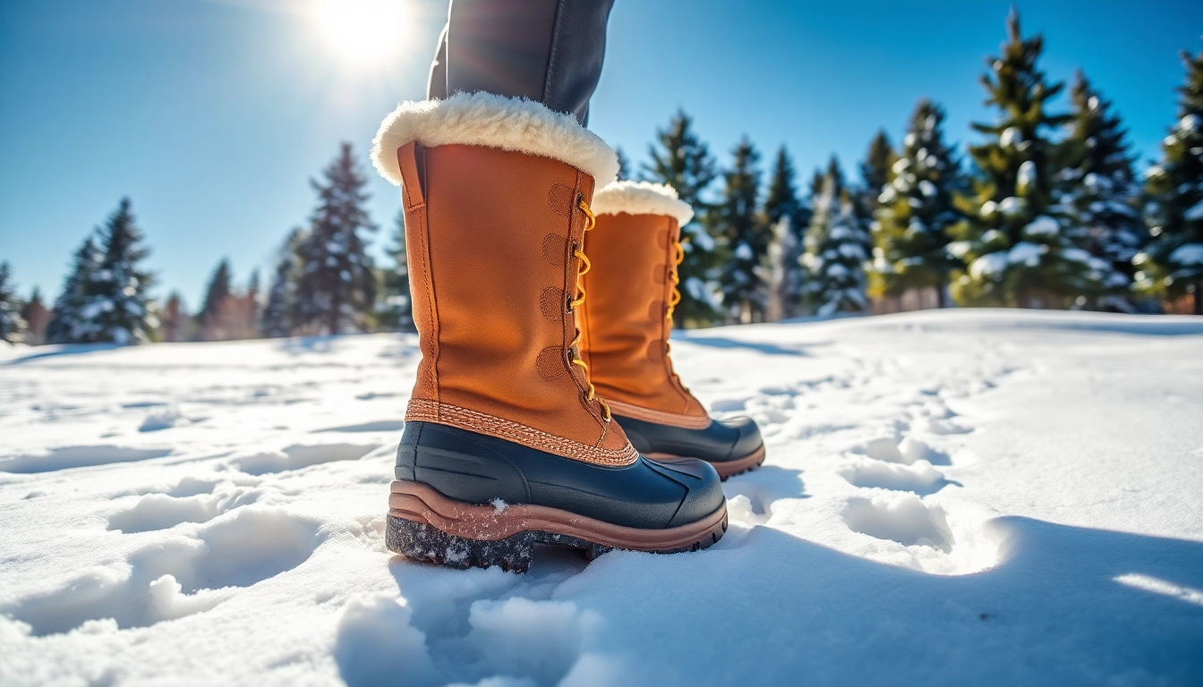 Showcasing insulated snow boots in a snowy environment, designed for warmth and comfort in winter adventures.