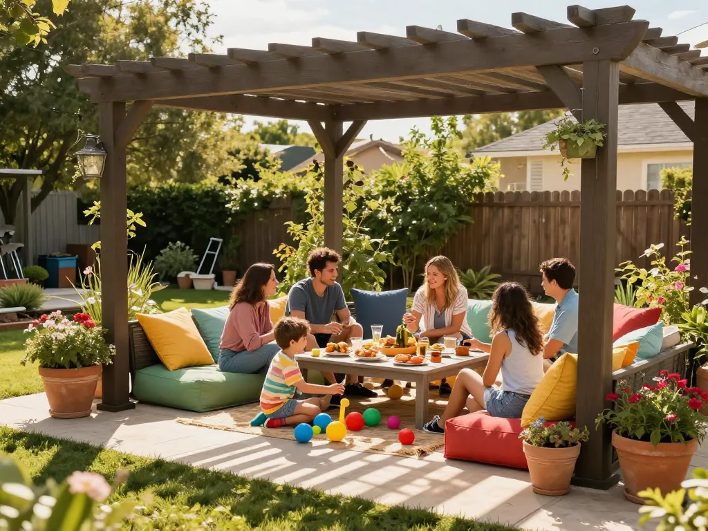 Family enjoying a sunny day under a beautifully designed online pergola configurator for customized outdoor living spaces.