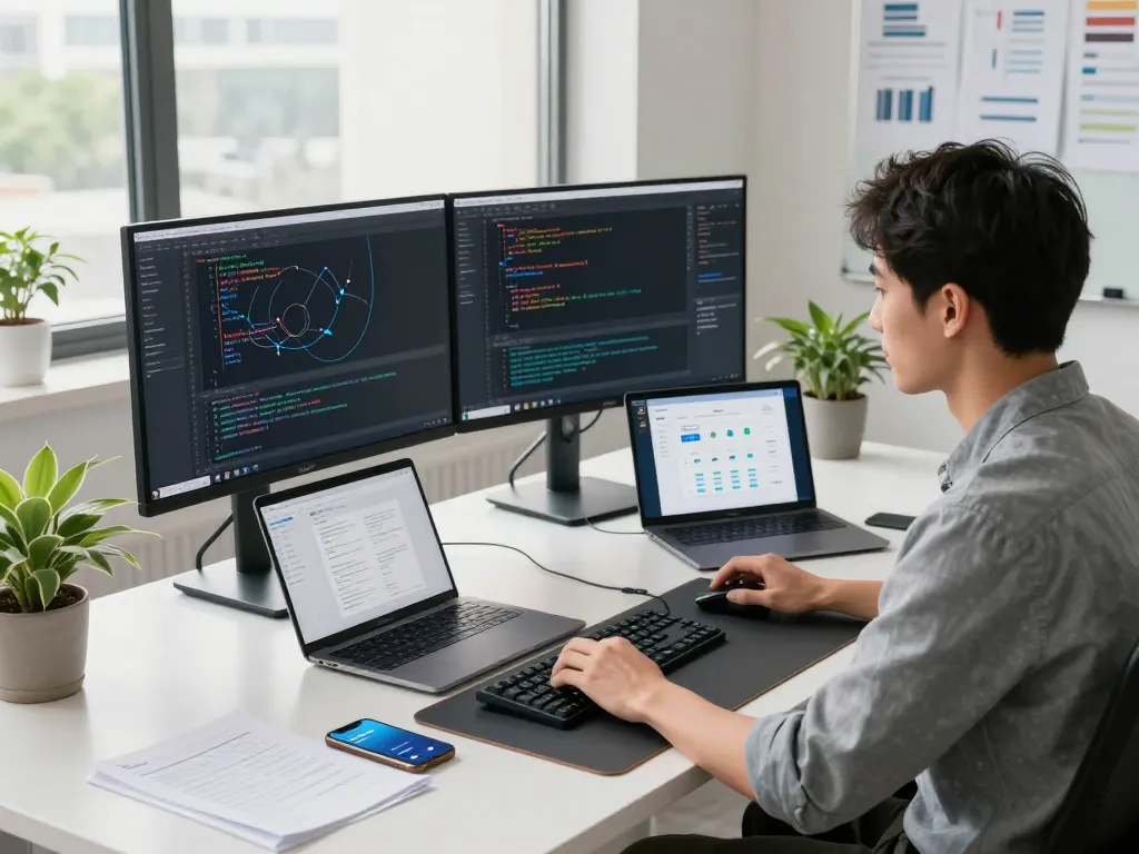 快连 network optimization scene with a developer coding in a bright modern workspace.