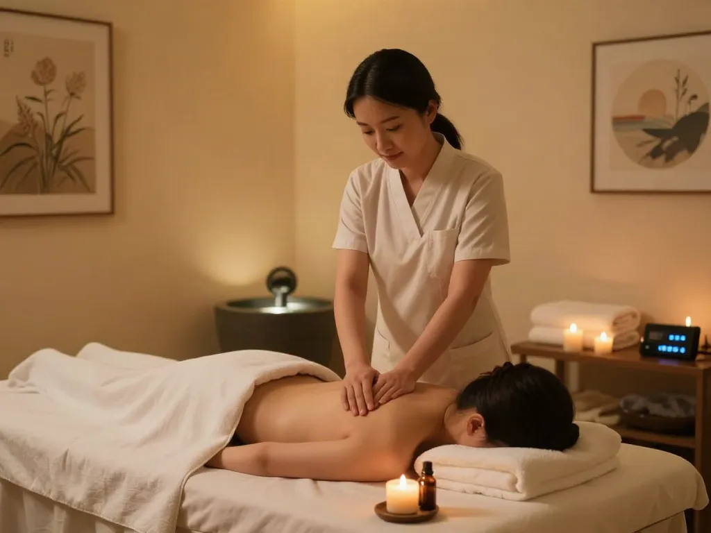 화성출장마사지 in a soothing therapy room with candles and soft lighting.