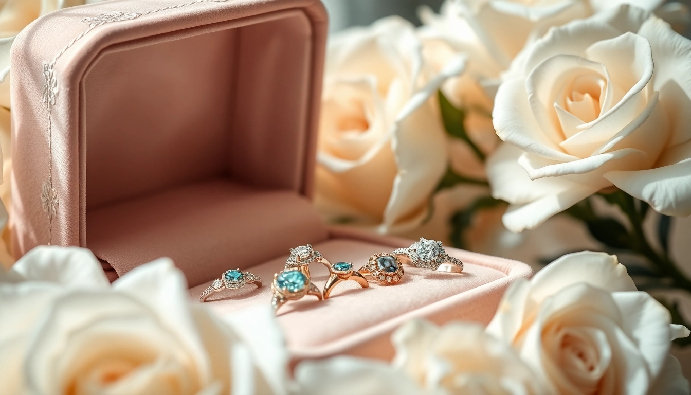 Showcasing beautiful promise rings in a velvet box with flowers, highlighting their intricate designs.