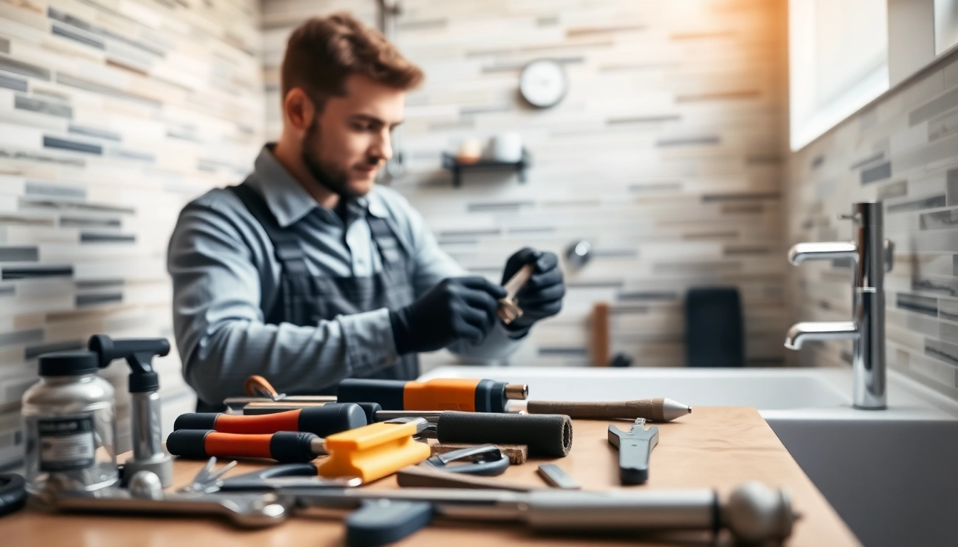 Plumbers bristol working on a modern bathroom renovation with elegant fixtures and organized tools.