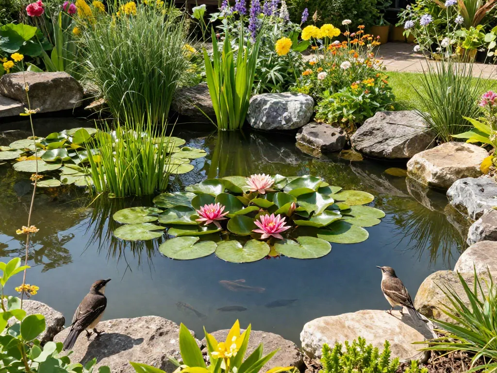 Vibrant British Pond Plants showcasing water lilies and oxygenators in a serene garden pond.