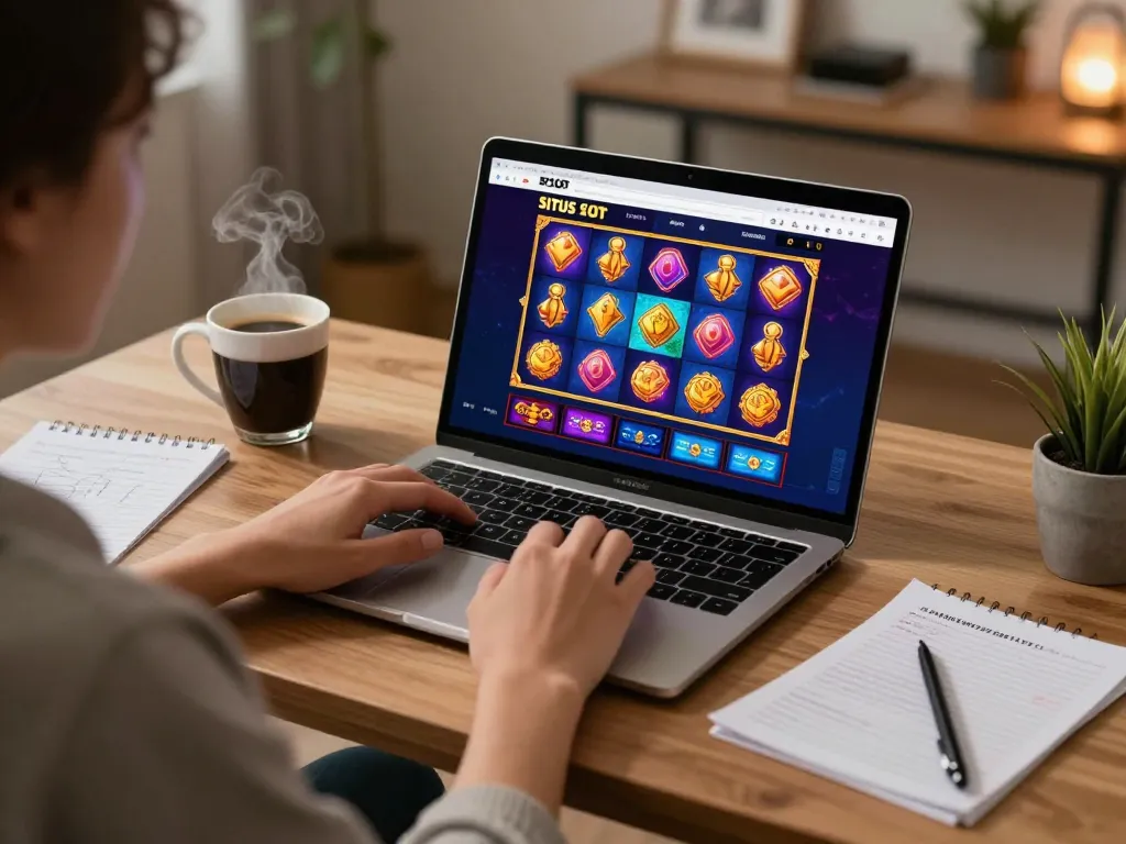 Engaging in online gaming at a situs slot, a player enjoys colorful graphics in a cozy home setting.