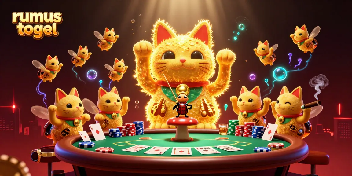 Play and win big with rumus togel using immersive casino game visuals featuring vibrant lucky cat and poker elements.