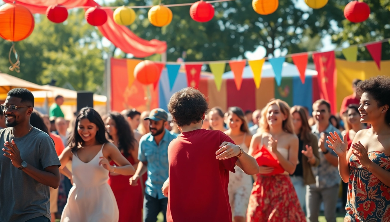 People engaged in joyous movin and groovin dance at an outdoor festival.