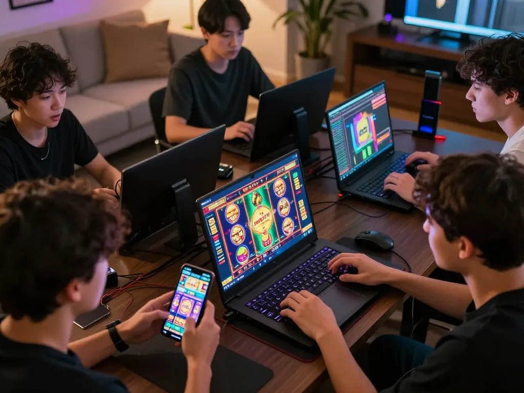 Engaging players excitedly enjoying alexis77 slot games during a lively online gaming session.