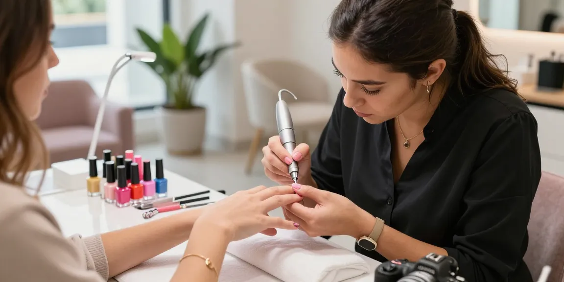 Freză electrică de unghii într-un salon de înfrumusețare, prezentând artă de unghii vibrantă și o atmosferă profesională.