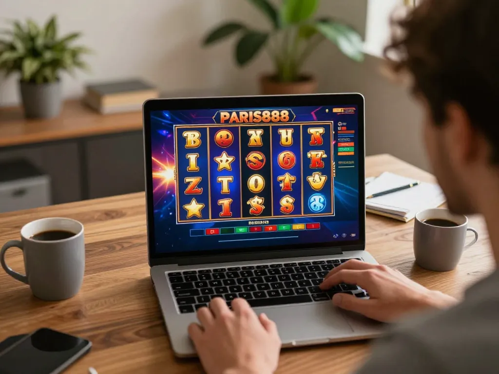 Player enjoying Paris888 slots on laptop, surrounded by a cozy home setting with notes and coffee.