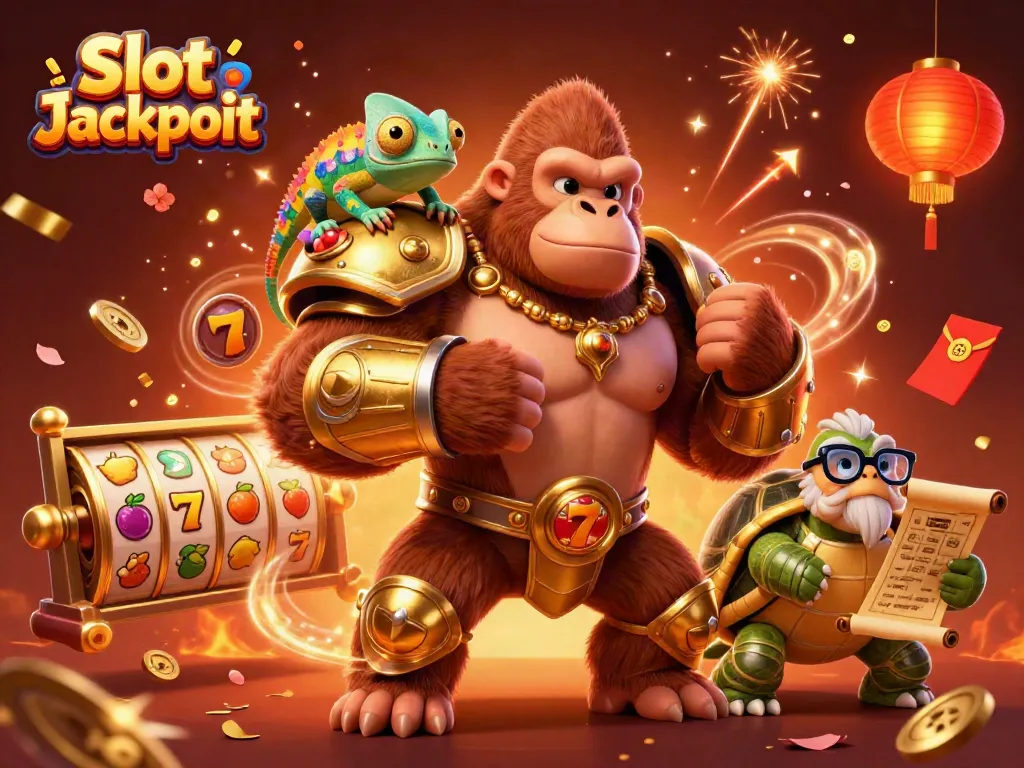Slot Jackpot: Ilustrasi kasino dengan karakter gorila, chameleon, dan kura-kura di tengah perayaan